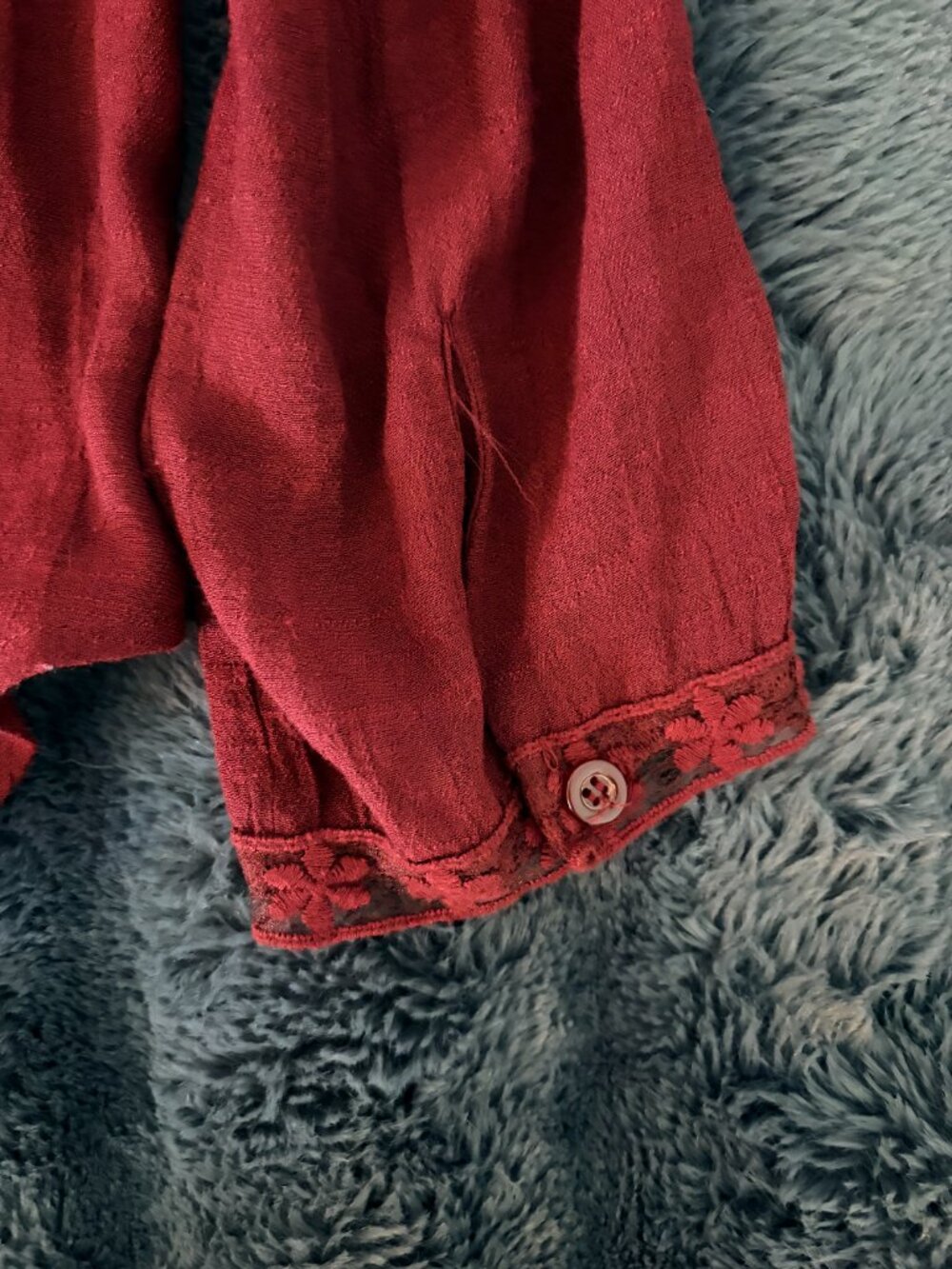 MINE Burgundy Wine Red Lace Yoke Blouse L Cottagecore Romantic Boho Festival - Picture 14 of 15
